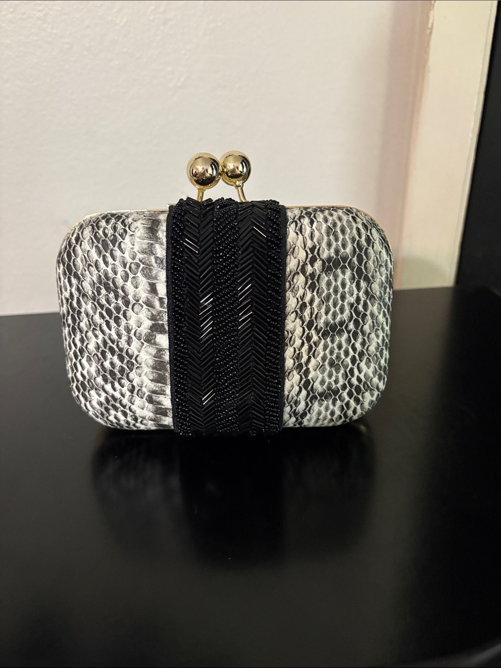 INC Black & White Snake-Print Evening Clutch with Gold Frame (NWT)